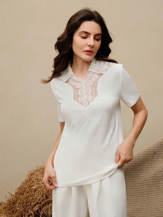 CM-TS494343 Women Casual Seoul Style Square Neck Lace Patchwork Short Sleeve T-Shirt - White