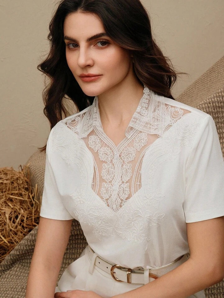 CM-TS494343 Women Casual Seoul Style Square Neck Lace Patchwork Short Sleeve T-Shirt - White