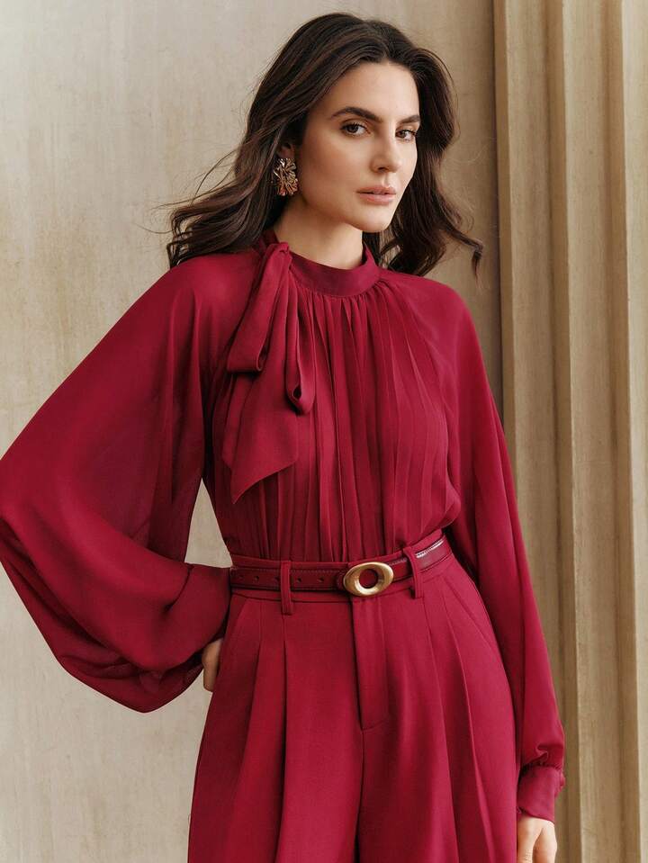 CM-TS234044 Women Elegant Seoul Style Stand Collar Pleated Tie-Front One Shoulder Strap Top - Burgundy