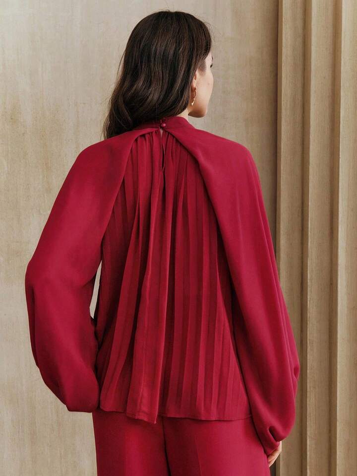 CM-TS234044 Women Elegant Seoul Style Stand Collar Pleated Tie-Front One Shoulder Strap Top - Burgundy