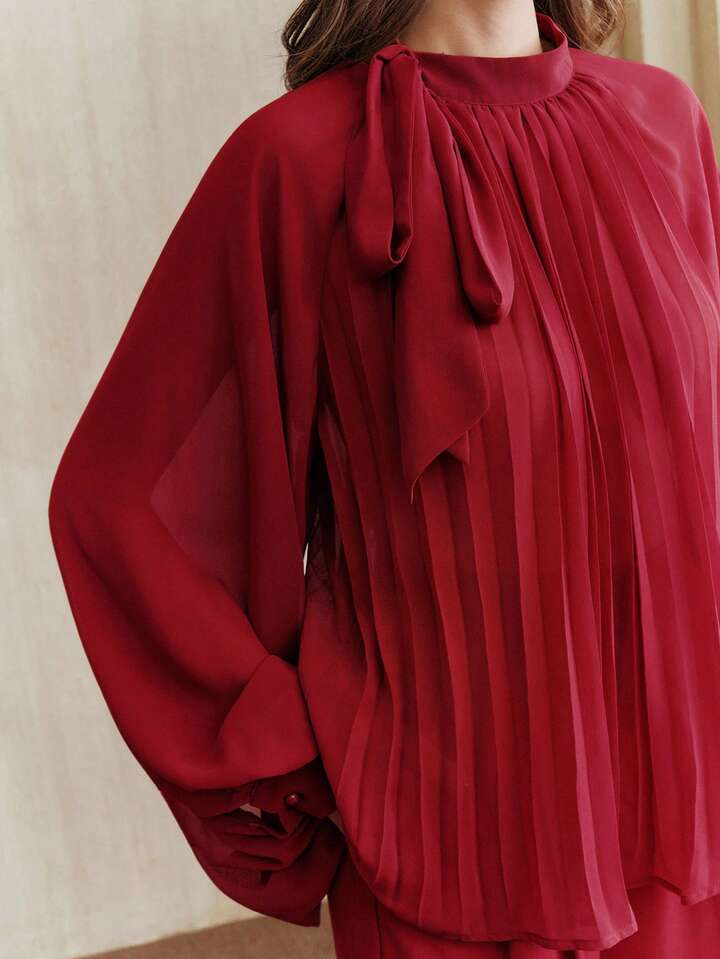 CM-TS234044 Women Elegant Seoul Style Stand Collar Pleated Tie-Front One Shoulder Strap Top - Burgundy