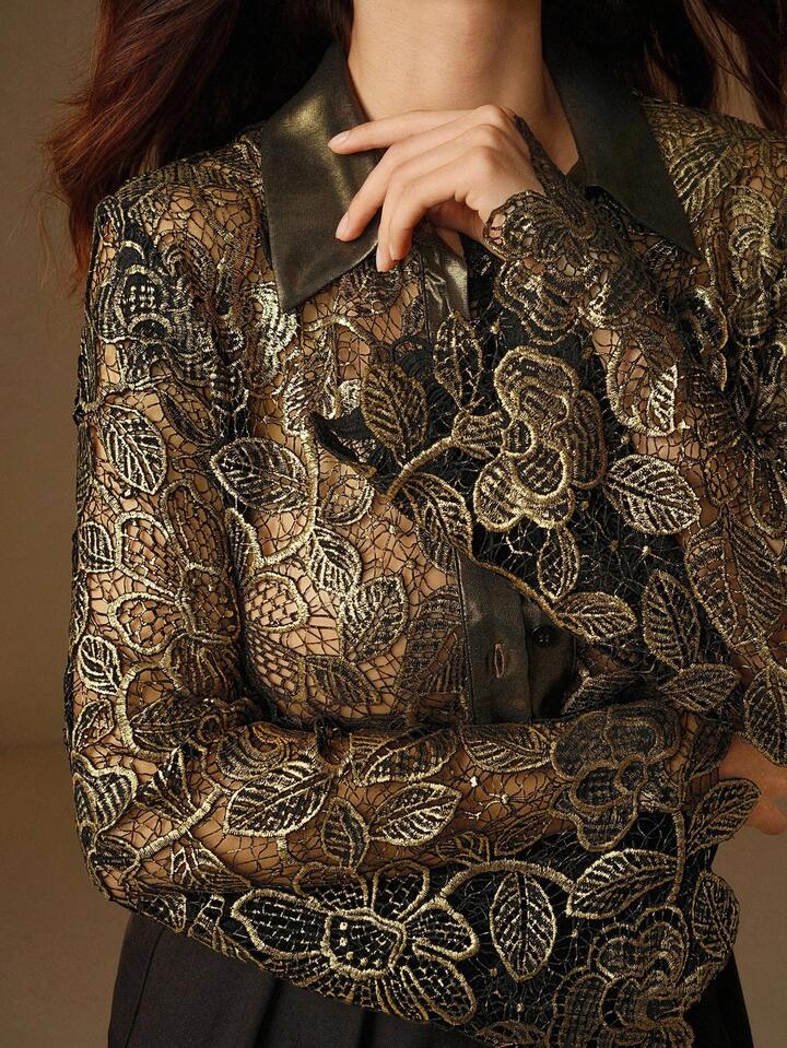 CM-TS210666 Women Elegant Seoul Style Collar Neckline Hollow Out Gold Foil Lace Long Sleeve Blouse