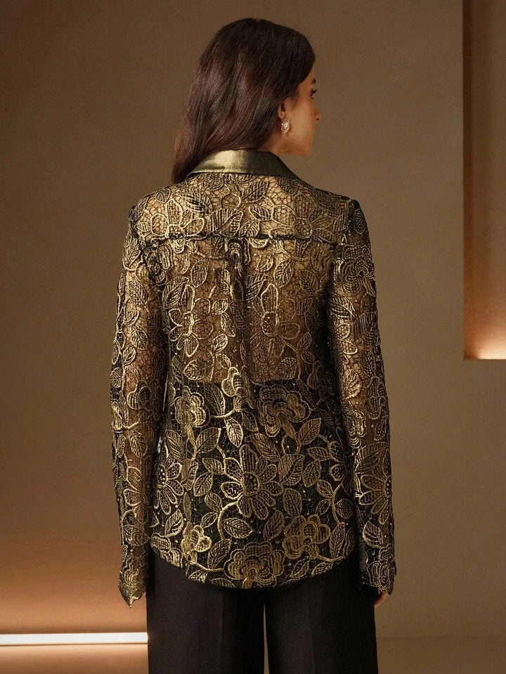CM-TS210666 Women Elegant Seoul Style Collar Neckline Hollow Out Gold Foil Lace Long Sleeve Blouse