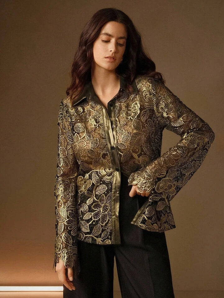 CM-TS210666 Women Elegant Seoul Style Collar Neckline Hollow Out Gold Foil Lace Long Sleeve Blouse