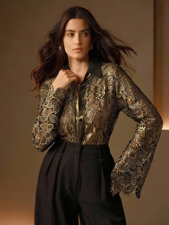 CM-TS210666 Women Elegant Seoul Style Collar Neckline Hollow Out Gold Foil Lace Long Sleeve Blouse