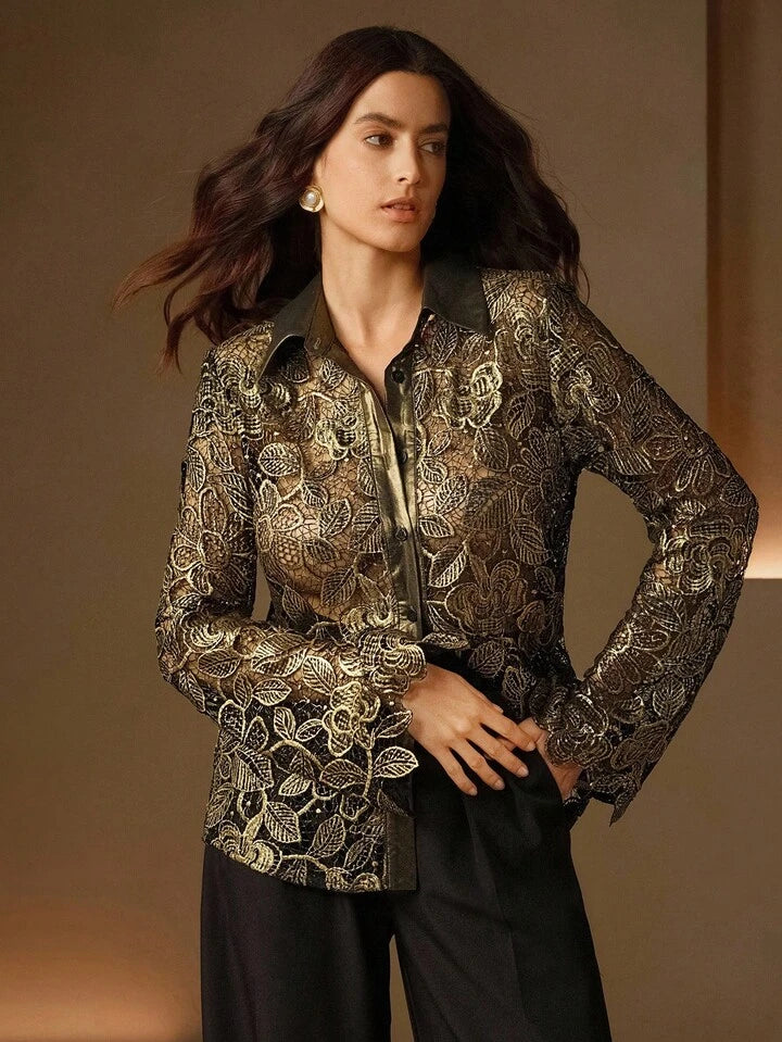 CM-TS210666 Women Elegant Seoul Style Collar Neckline Hollow Out Gold Foil Lace Long Sleeve Blouse