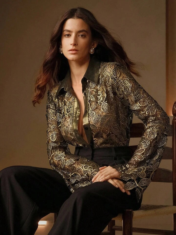 CM-TS210666 Women Elegant Seoul Style Collar Neckline Hollow Out Gold Foil Lace Long Sleeve Blouse