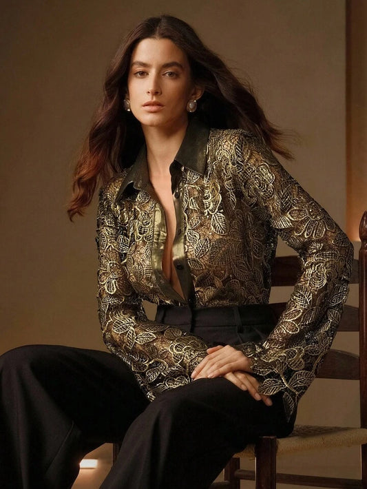 CM-TS210666 Women Elegant Seoul Style Collar Neckline Hollow Out Gold Foil Lace Long Sleeve Blouse
