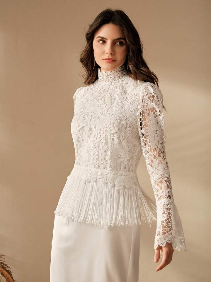 CM-TS101625 Women Elegant Seoul Style Solid Color Lace Tassel Hem Stand Collar Long Sleeve Blouse - White