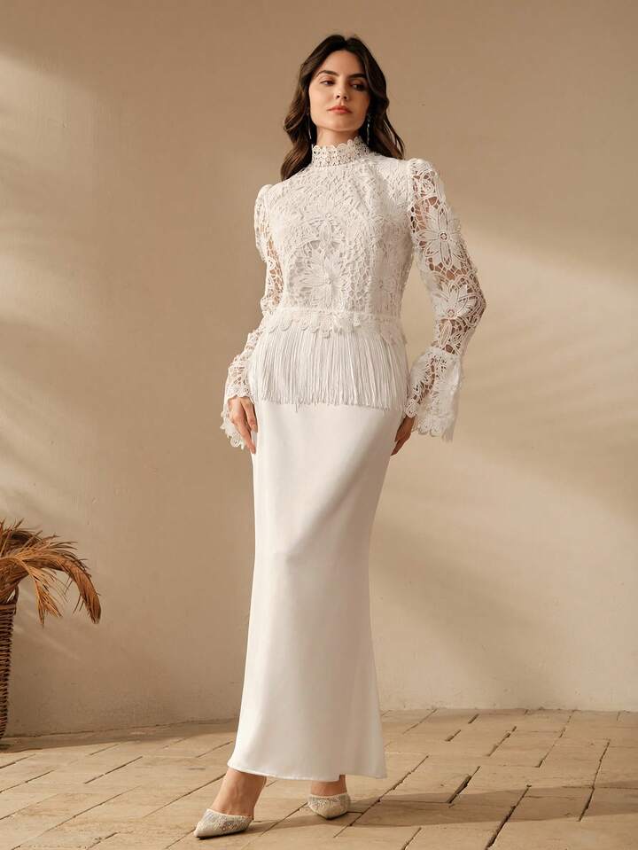 CM-TS101625 Women Elegant Seoul Style Solid Color Lace Tassel Hem Stand Collar Long Sleeve Blouse - White