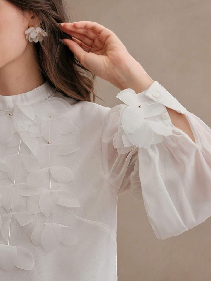 CM-TS319441 Women Elegant Seoul Style Bubble Decor Stand Collar Long Sleeve Blouse - White