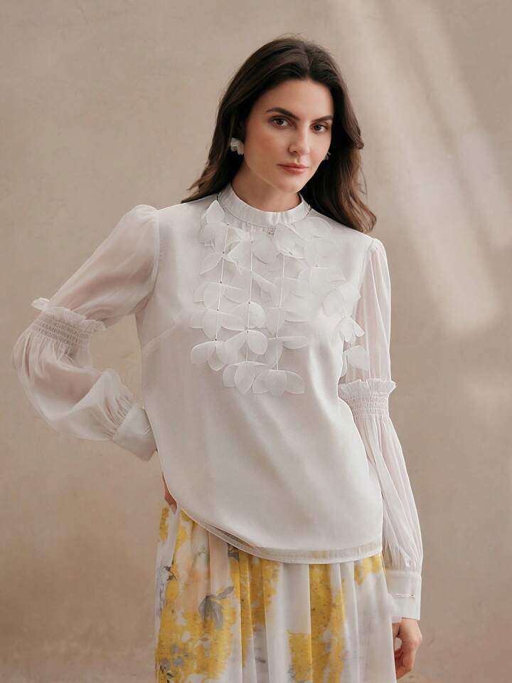 CM-TS319441 Women Elegant Seoul Style Bubble Decor Stand Collar Long Sleeve Blouse - White