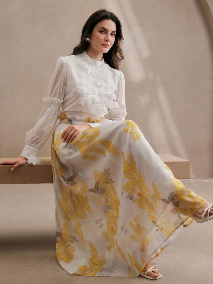 CM-TS319441 Women Elegant Seoul Style Bubble Decor Stand Collar Long Sleeve Blouse - White