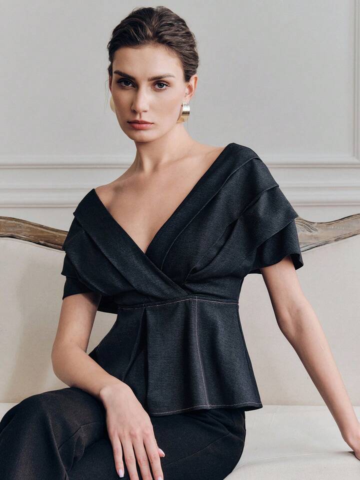 CM-TS844134 Women Elegant Seoul Style Pleated V-Neck Off Shoulder Layered Sleeve Blouse - Navy Blue