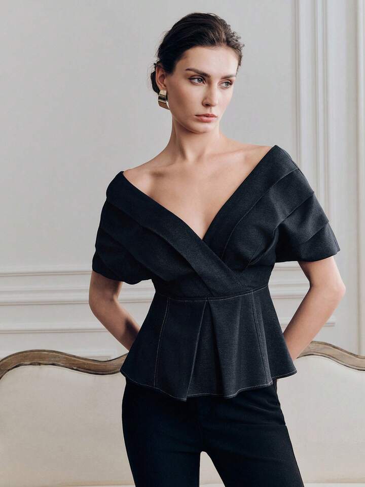 CM-TS844134 Women Elegant Seoul Style Pleated V-Neck Off Shoulder Layered Sleeve Blouse - Navy Blue