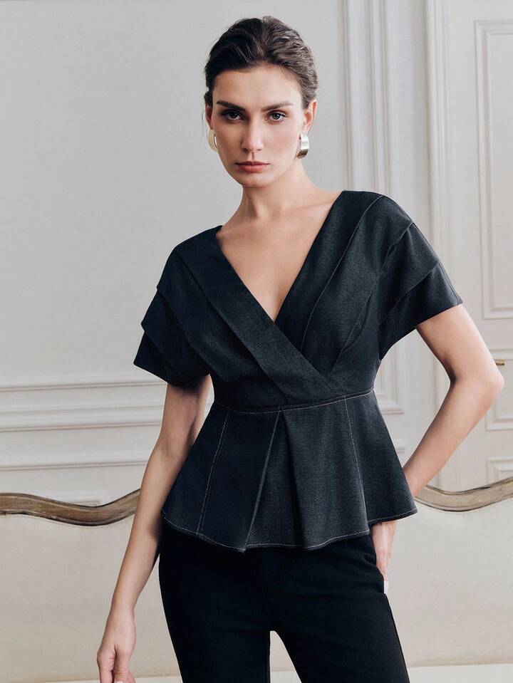 CM-TS844134 Women Elegant Seoul Style Pleated V-Neck Off Shoulder Layered Sleeve Blouse - Navy Blue