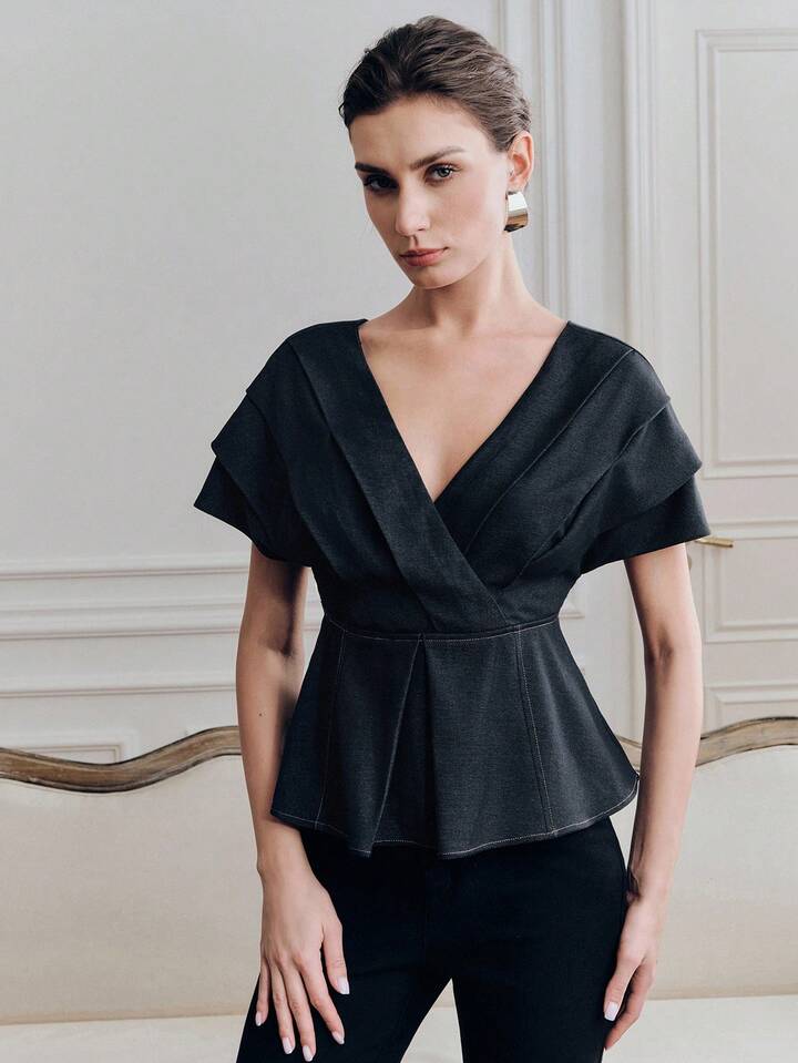 CM-TS844134 Women Elegant Seoul Style Pleated V-Neck Off Shoulder Layered Sleeve Blouse - Navy Blue