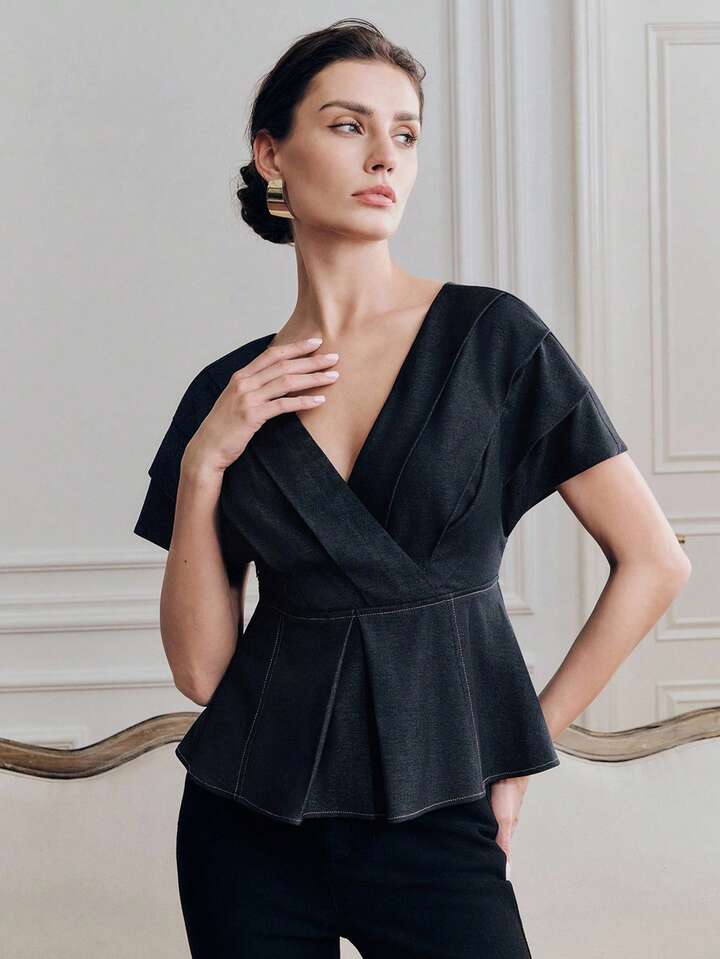 CM-TS844134 Women Elegant Seoul Style Pleated V-Neck Off Shoulder Layered Sleeve Blouse - Navy Blue