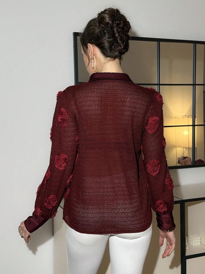 CM-TS192728 Women Elegant Seoul Style Collar Neckline 3D Floral Applique Front Button Sheer Blouse - Burgundy