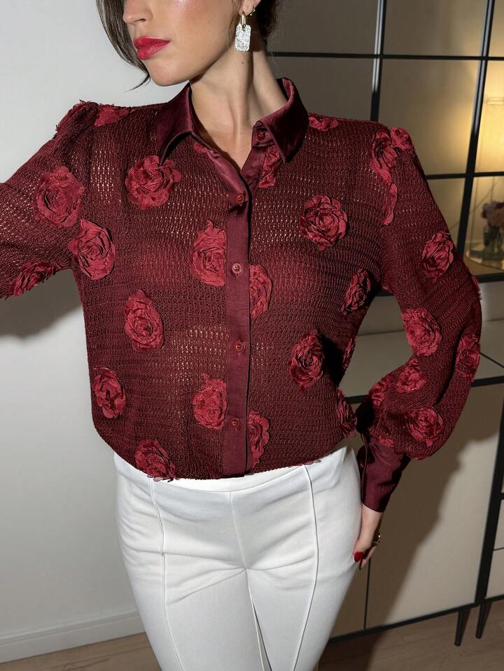 CM-TS192728 Women Elegant Seoul Style Collar Neckline 3D Floral Applique Front Button Sheer Blouse - Burgundy