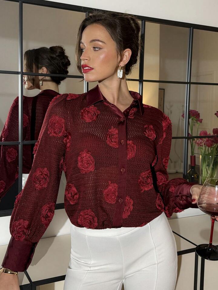 CM-TS192728 Women Elegant Seoul Style Collar Neckline 3D Floral Applique Front Button Sheer Blouse - Burgundy