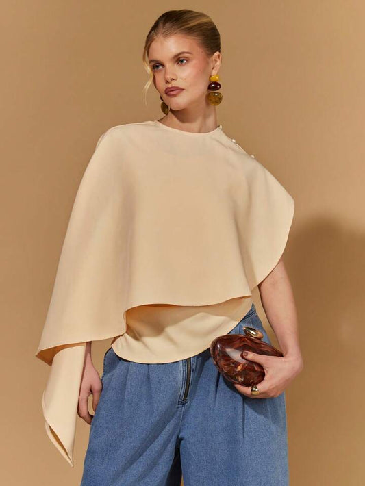 CM-TS652201 Women Elegant Seoul Style Asymmetric Shawl Collar Batwing Sleeve Poncho Top - Khaki