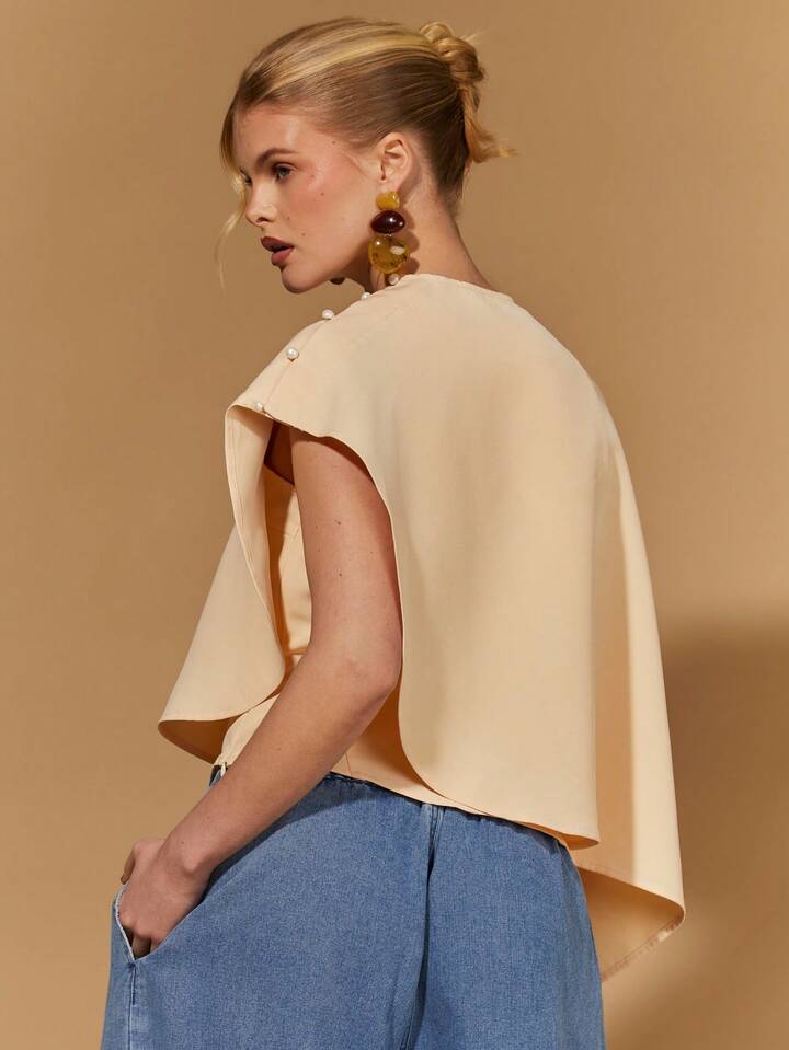 CM-TS652201 Women Elegant Seoul Style Asymmetric Shawl Collar Batwing Sleeve Poncho Top - Khaki