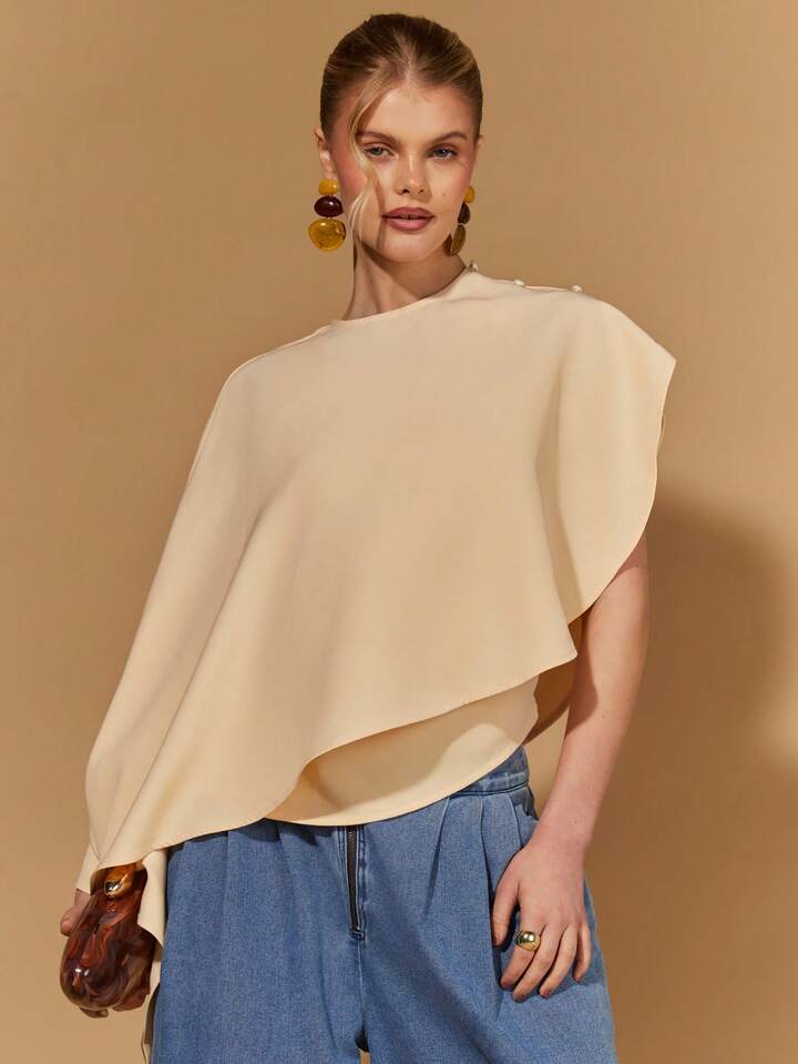 CM-TS652201 Women Elegant Seoul Style Asymmetric Shawl Collar Batwing Sleeve Poncho Top - Khaki