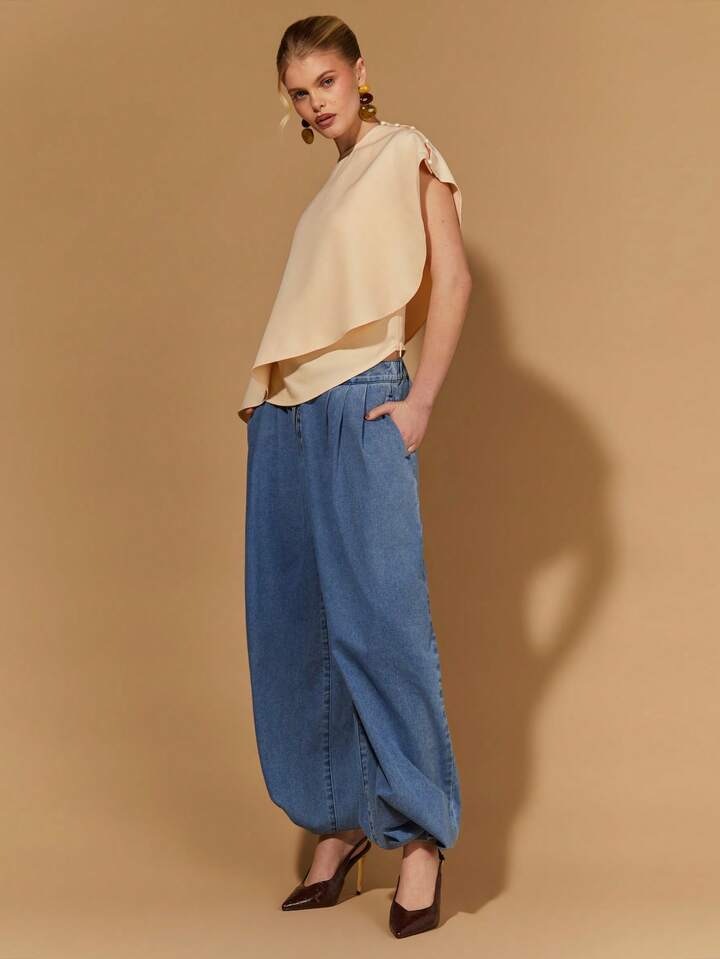 CM-TS652201 Women Elegant Seoul Style Asymmetric Shawl Collar Batwing Sleeve Poncho Top - Khaki