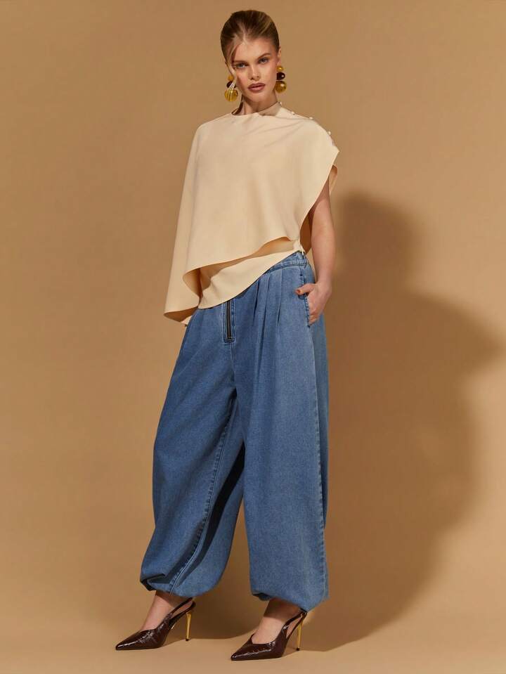 CM-TS652201 Women Elegant Seoul Style Asymmetric Shawl Collar Batwing Sleeve Poncho Top - Khaki