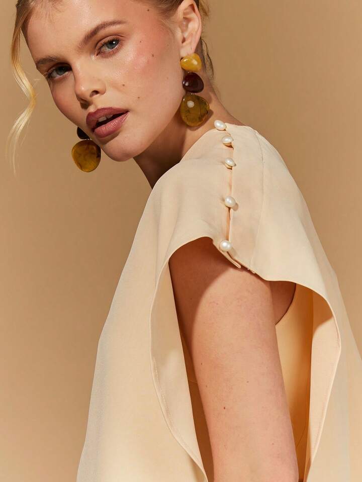 CM-TS652201 Women Elegant Seoul Style Asymmetric Shawl Collar Batwing Sleeve Poncho Top - Khaki