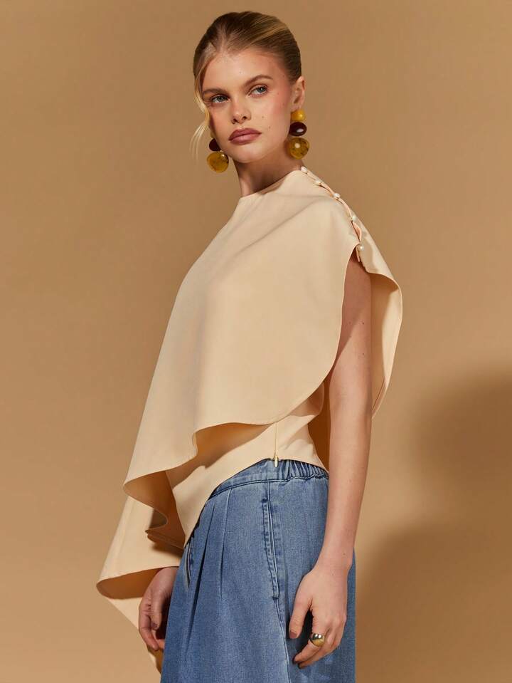 CM-TS652201 Women Elegant Seoul Style Asymmetric Shawl Collar Batwing Sleeve Poncho Top - Khaki