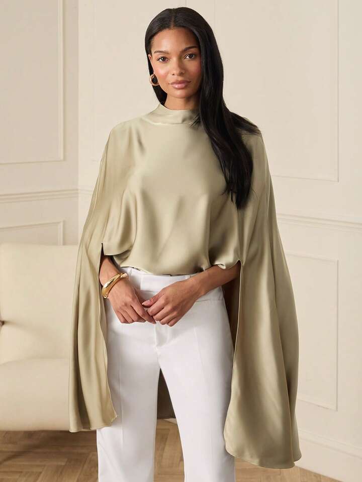 CM-TS001981 Women Elegant Seoul Style Shawl Collar Solid Color Batwing Sleeve Oversized Poncho Top - Army Green