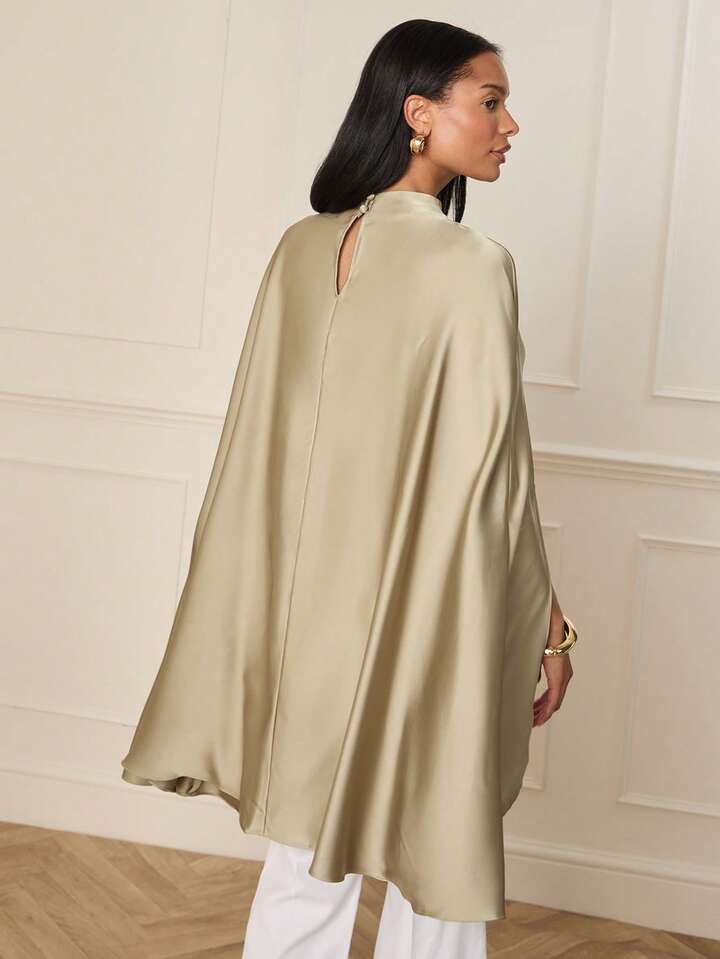 CM-TS001981 Women Elegant Seoul Style Shawl Collar Solid Color Batwing Sleeve Oversized Poncho Top - Army Green