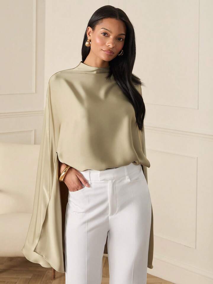 CM-TS001981 Women Elegant Seoul Style Shawl Collar Solid Color Batwing Sleeve Oversized Poncho Top - Army Green