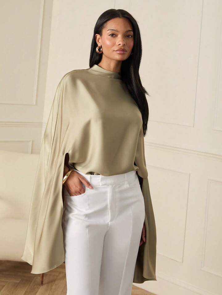 CM-TS001981 Women Elegant Seoul Style Shawl Collar Solid Color Batwing Sleeve Oversized Poncho Top - Army Green
