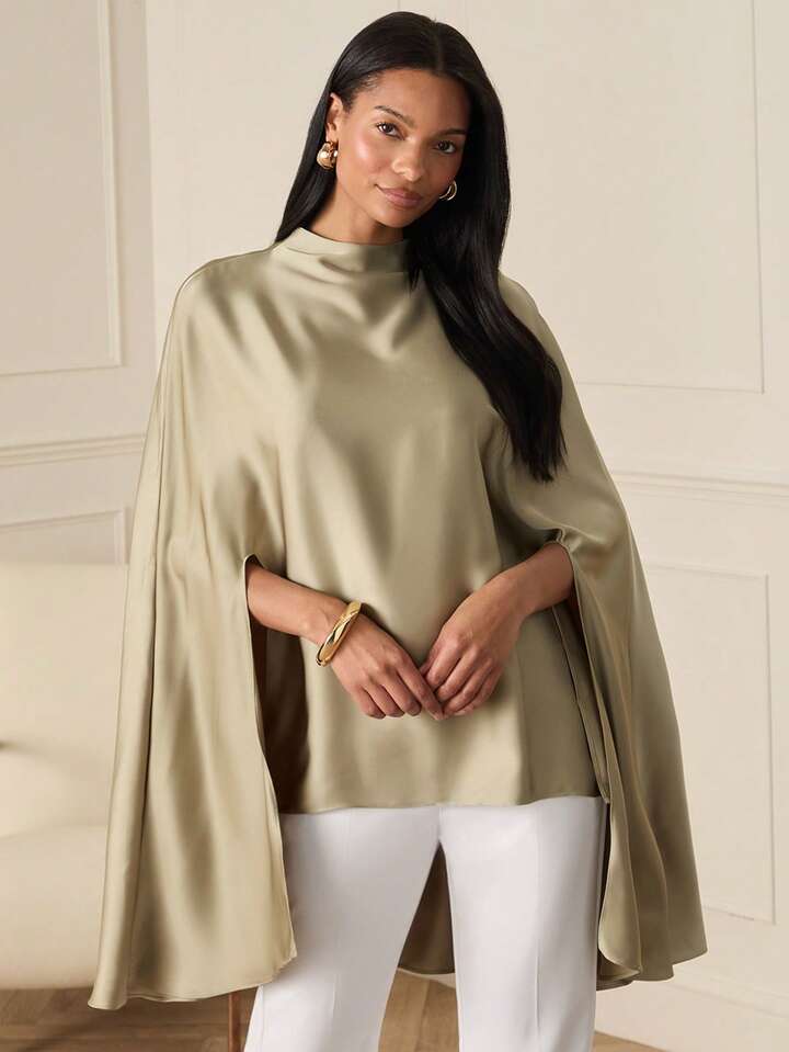 CM-TS001981 Women Elegant Seoul Style Shawl Collar Solid Color Batwing Sleeve Oversized Poncho Top - Army Green