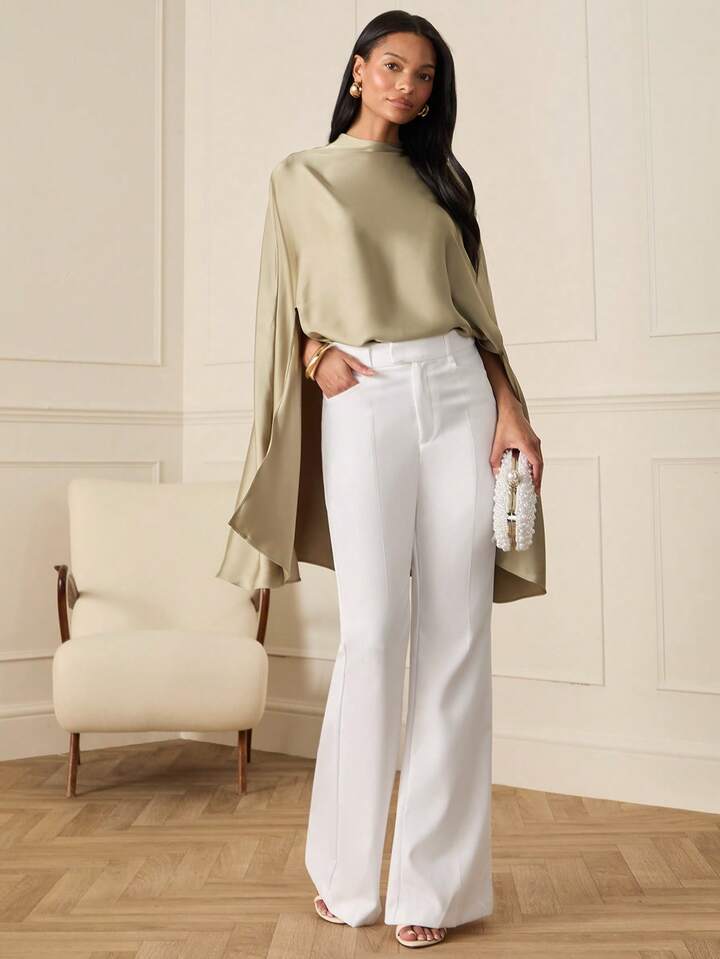 CM-TS001981 Women Elegant Seoul Style Shawl Collar Solid Color Batwing Sleeve Oversized Poncho Top - Army Green