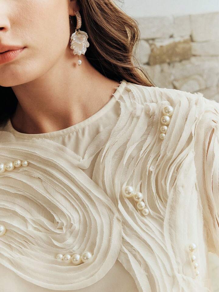 CM-TS020723 Women Elegant Seoul Style Beaded Embroidered Textured Crew Neck Short T-Shirt - Apricot