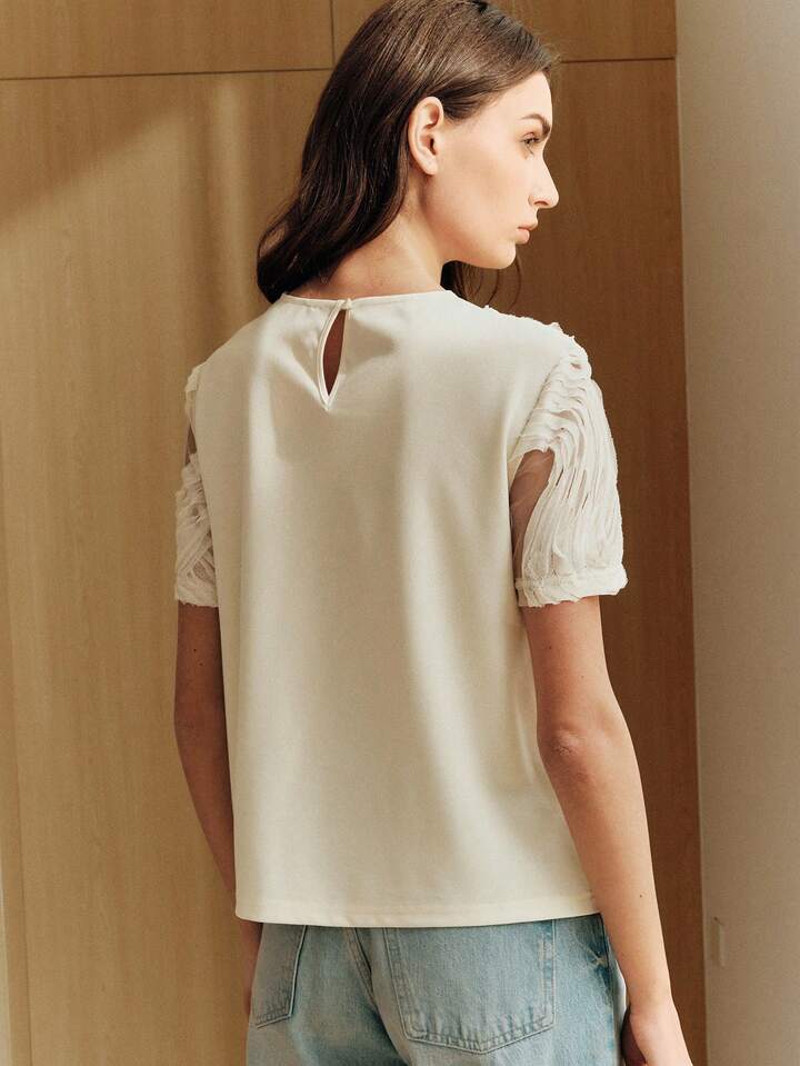 CM-TS020723 Women Elegant Seoul Style Beaded Embroidered Textured Crew Neck Short T-Shirt - Apricot