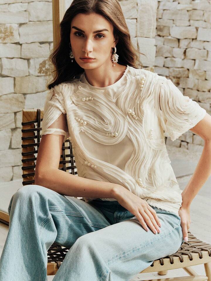 CM-TS020723 Women Elegant Seoul Style Beaded Embroidered Textured Crew Neck Short T-Shirt - Apricot