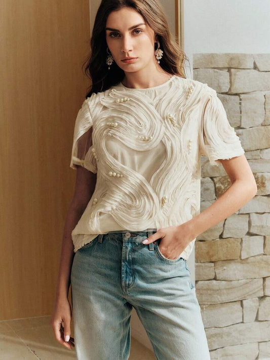 CM-TS020723 Women Elegant Seoul Style Beaded Embroidered Textured Crew Neck Short T-Shirt - Apricot