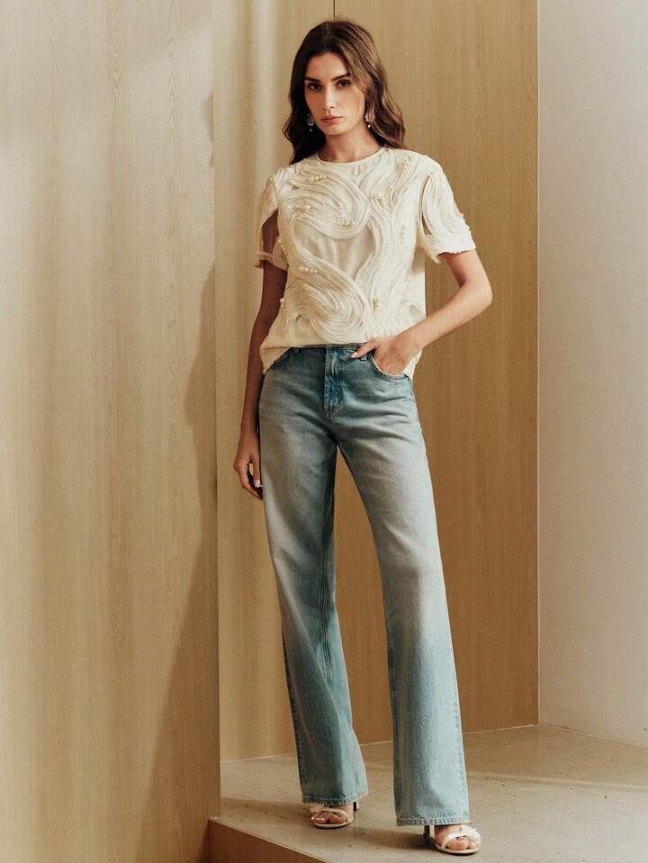 CM-TS020723 Women Elegant Seoul Style Beaded Embroidered Textured Crew Neck Short T-Shirt - Apricot