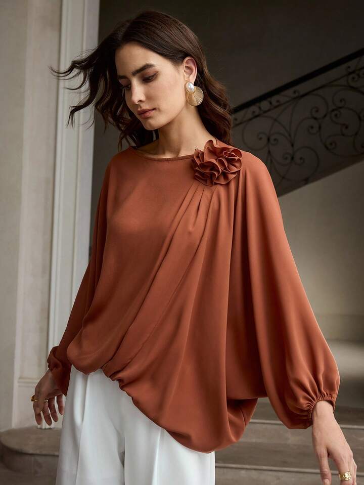 CM-TS909102 Women Elegant Seoul Style Solid Color Lantern Sleeve 3D Floral Asymmetric Hem Blouse - Coffee Brown