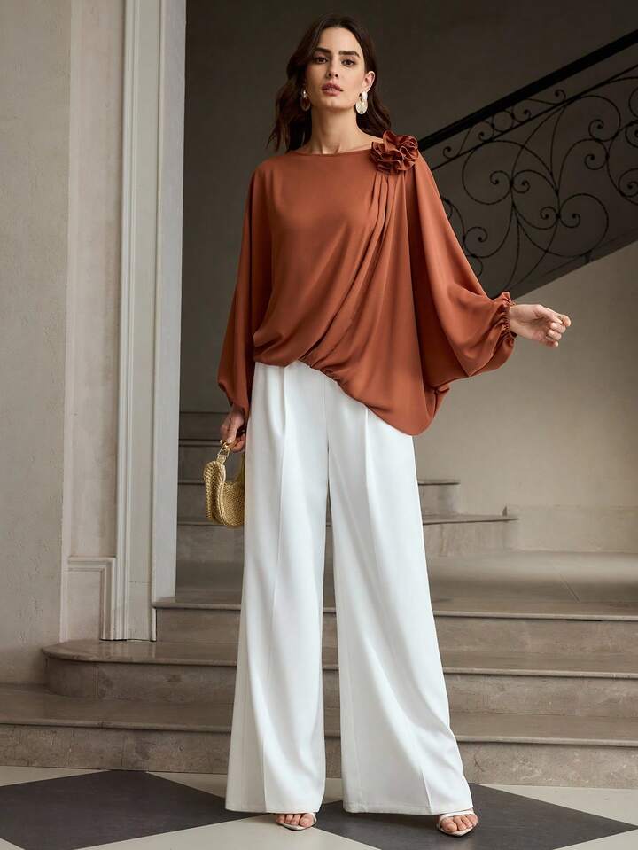 CM-TS909102 Women Elegant Seoul Style Solid Color Lantern Sleeve 3D Floral Asymmetric Hem Blouse - Coffee Brown