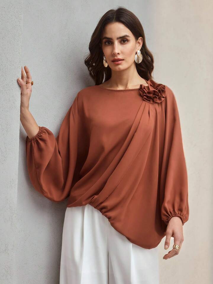 CM-TS909102 Women Elegant Seoul Style Solid Color Lantern Sleeve 3D Floral Asymmetric Hem Blouse - Coffee Brown