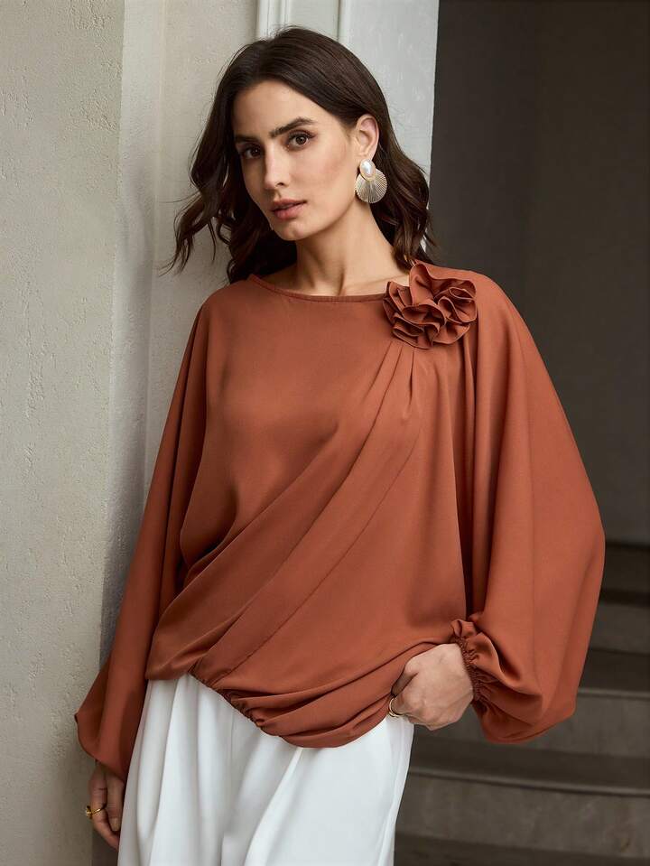 CM-TS909102 Women Elegant Seoul Style Solid Color Lantern Sleeve 3D Floral Asymmetric Hem Blouse - Coffee Brown