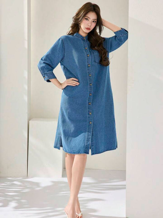 CM-DS218444 Women Casual Seoul Style Medium Wash Stand Collar 3/4 Sleeve Loose Front Button Denim Midi Dress