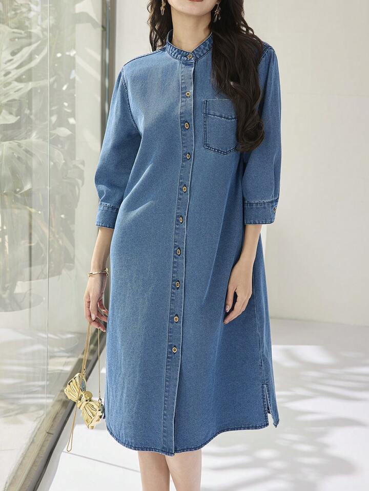 CM-DS218444 Women Casual Seoul Style Medium Wash Stand Collar 3/4 Sleeve Loose Front Button Denim Midi Dress