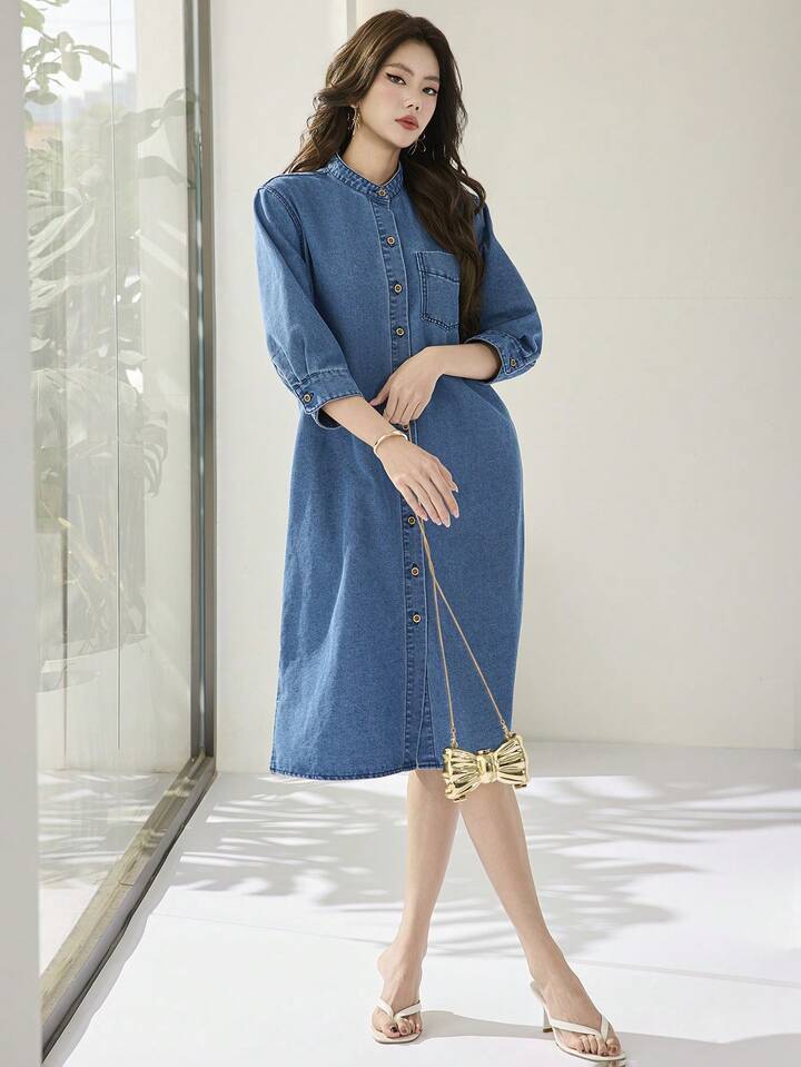 CM-DS218444 Women Casual Seoul Style Medium Wash Stand Collar 3/4 Sleeve Loose Front Button Denim Midi Dress
